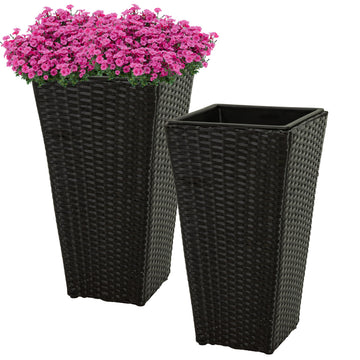 20" Square Tall Wicker Outdoor Planter, Black, 2pk