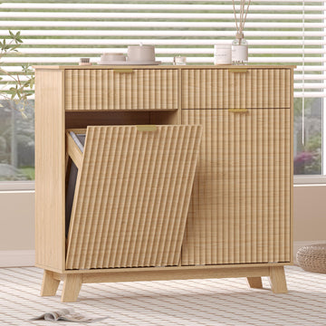 Double Tilt Out Laundry Hamper Cabinet with 2 Drawers & Baskets, 20 Gallon Fluted Hidden Trash Can Cabinet, Farmhouse