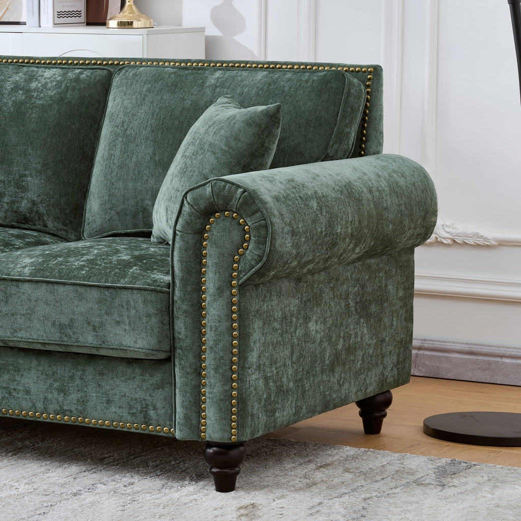 86.5" Chesterfield Sofa with Rolled Arms and Nailhead Trim, Mid-Century Modern Chenille Upholstered 3-Seater Couch