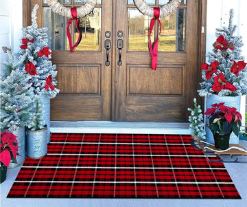Christmas Outdoor Rugs 24 x 51''Black Red Buffalo Plaid Front Porch Rug Hand-Woven Machine Washable Indoor/Outdoor