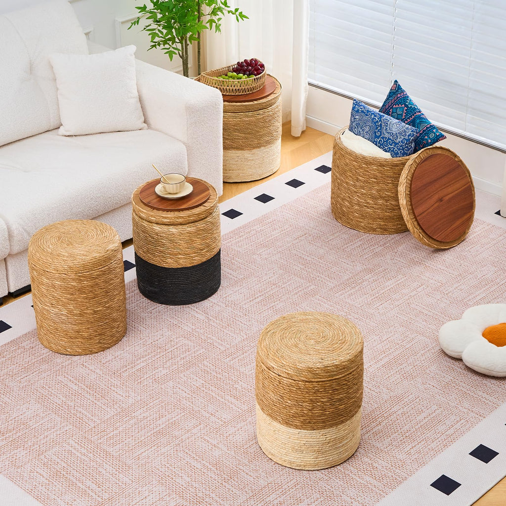 14" Natural Grass Round Storage Pouf Ottoman Handwoven Pouffe Rattan Stool