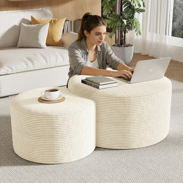 Round Nesting Coffee Table Set of 2,Upholstered Foam Ottoman Footrest Side Table Set,Modern Flannel Circle Coffee