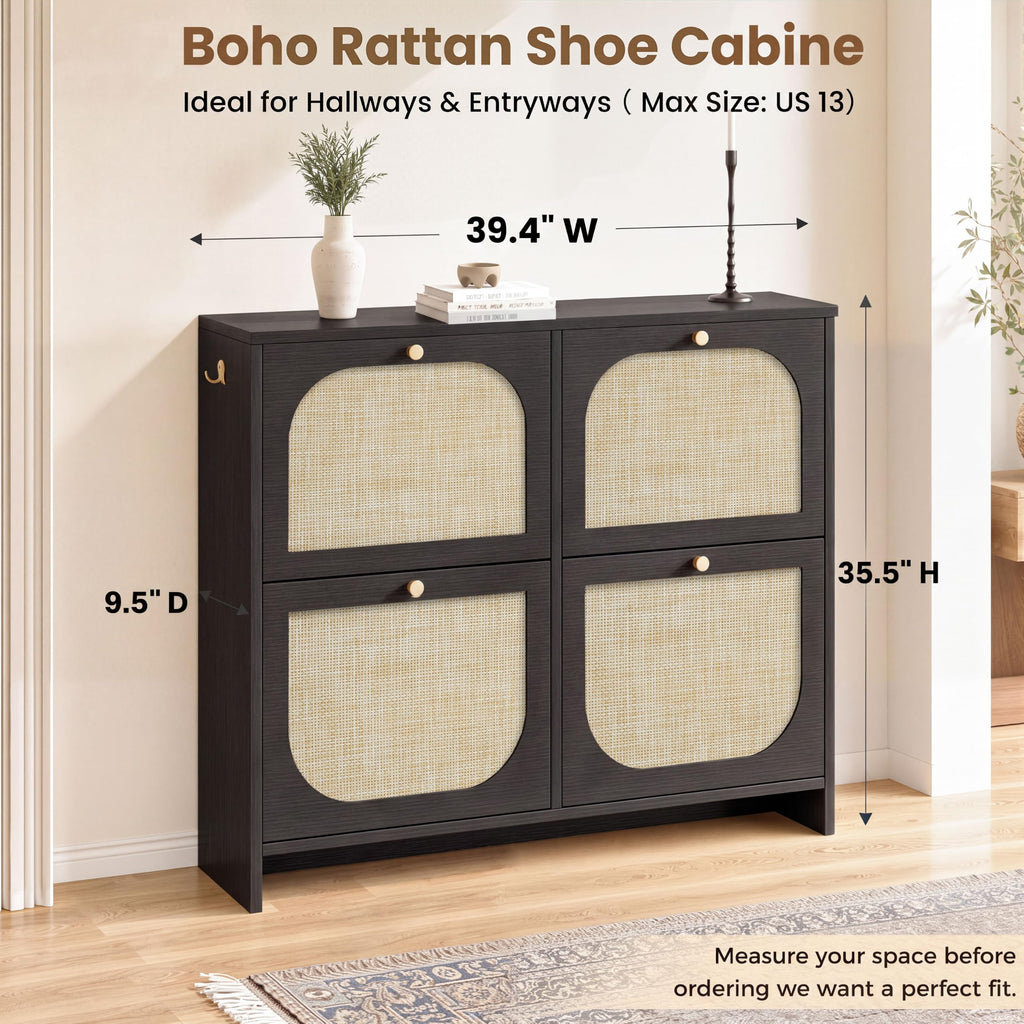 Rattan Shoe Cabinet, 9.5" Ultra-Thin Narrow Shoe Rack with 4 Flip Drawers, Boho Slim Shoe Storage Organizer with