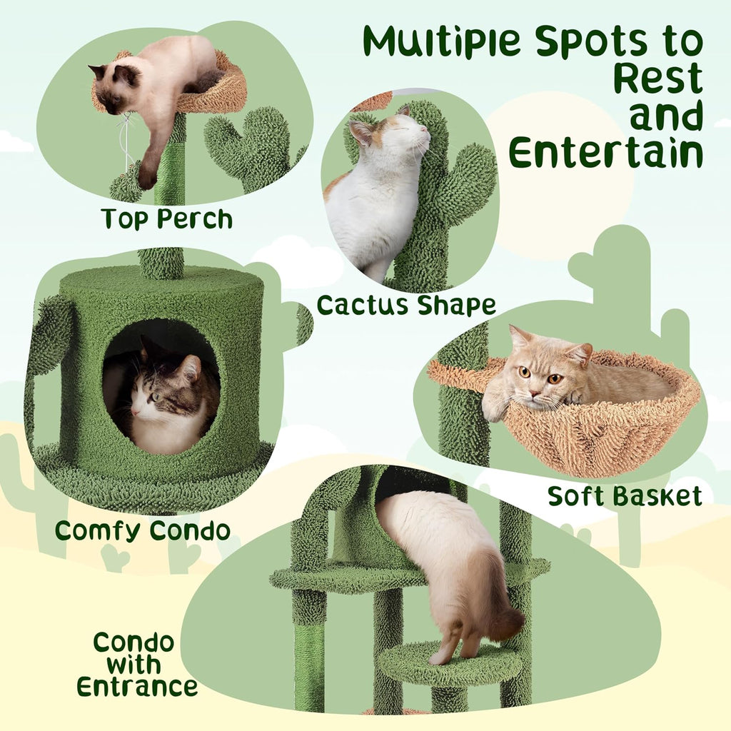 54in Green Cactus Cat Tree with Sturdy Multi-Level Platforms
