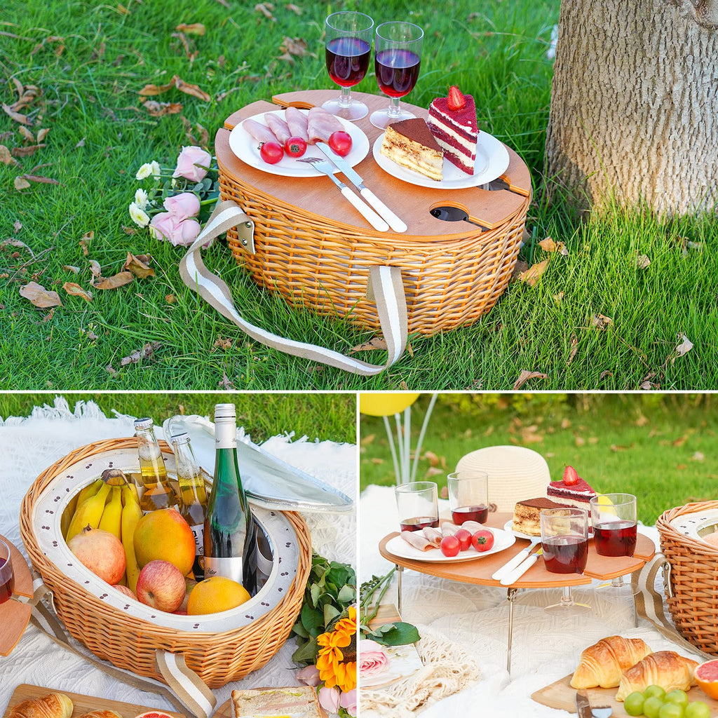 Wicker Picnic Basket Set for 4 with Table, Cooler for Family, Beige