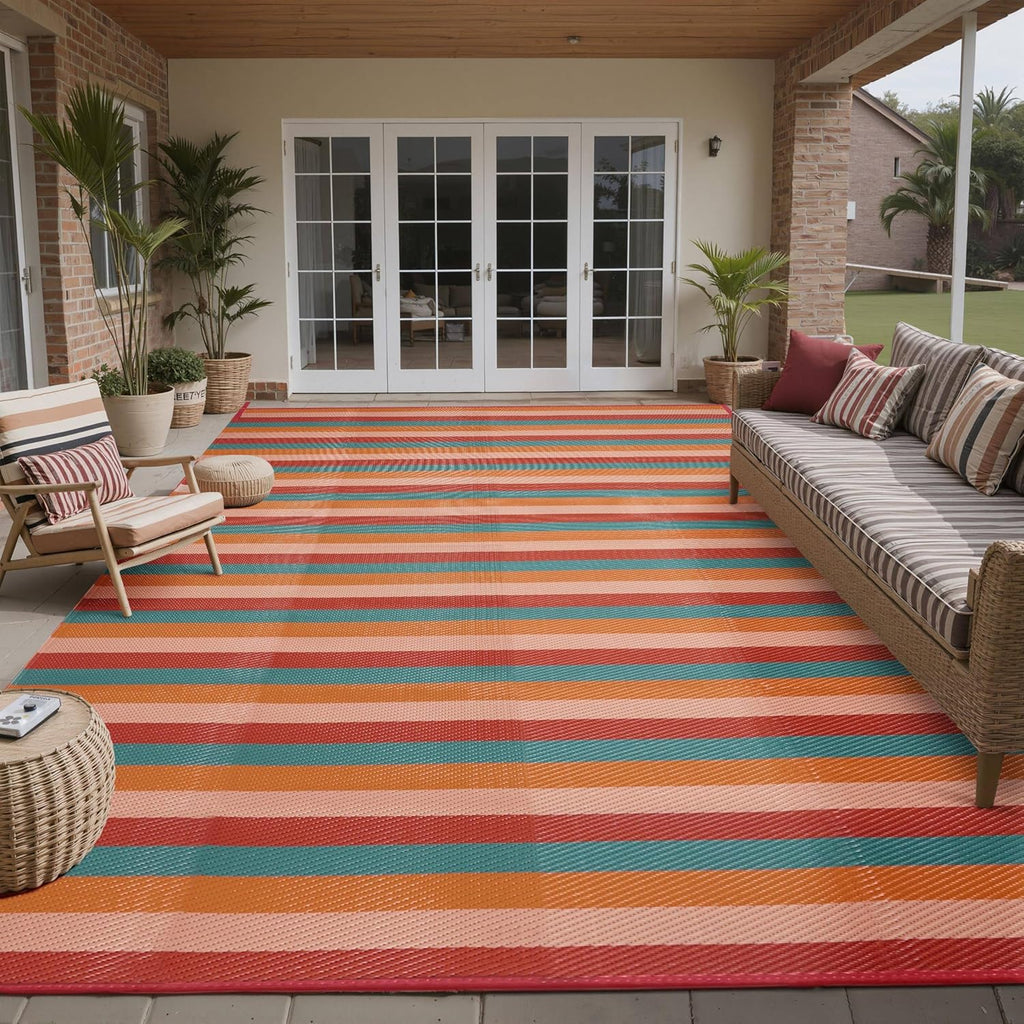 Outdoor Waterproof Patio Rug 8x10 Plastic Straw Reversible Outside Orange Red Colorful Striped Carpe
