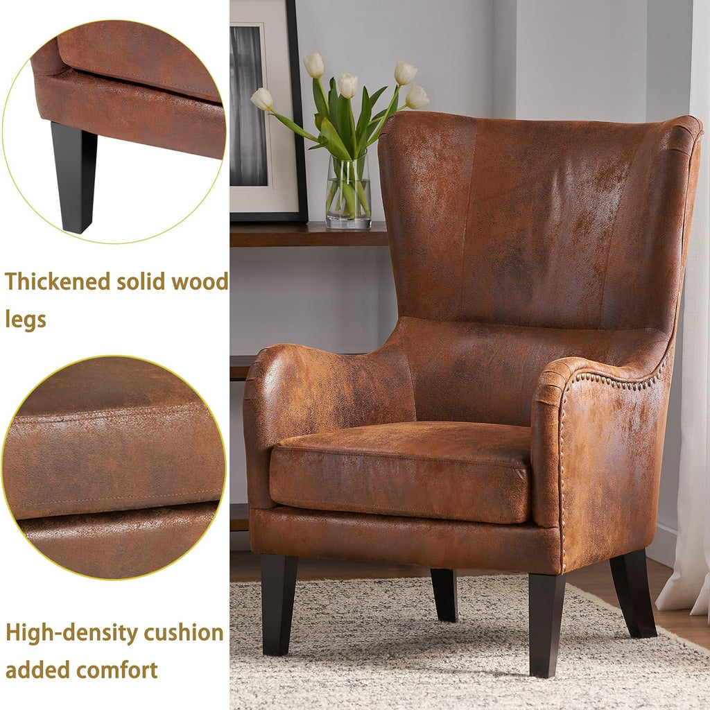 Mid-Century Modern Accent Chairs, 27" Wide Wingback Club Chair with Nailhead Trim, Fabric Reading Living Room Side