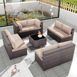 9 Pieces Patio Furniture Set, Rattan Wicker Outdoor Conversation Sets w/4 Inch Cushion and Glass Coffee