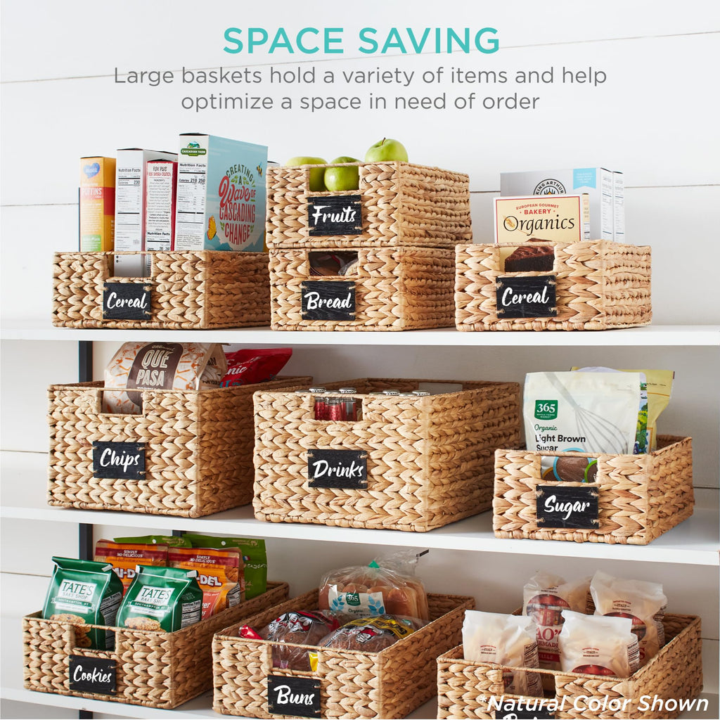Set of 4 9x12in Water Hyacinth Pantry Baskets, Woven Organizers w/Chalkboard Label, Chalk Marker - White