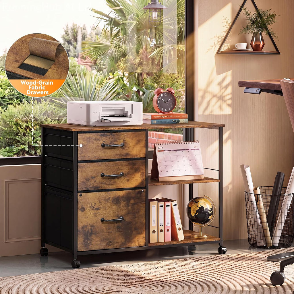 3 Drawer Mobile File Cabinet with Open Storage Shelf | Rolling Printer Stand, Fabric Lateral Filing Cabinet fits A4