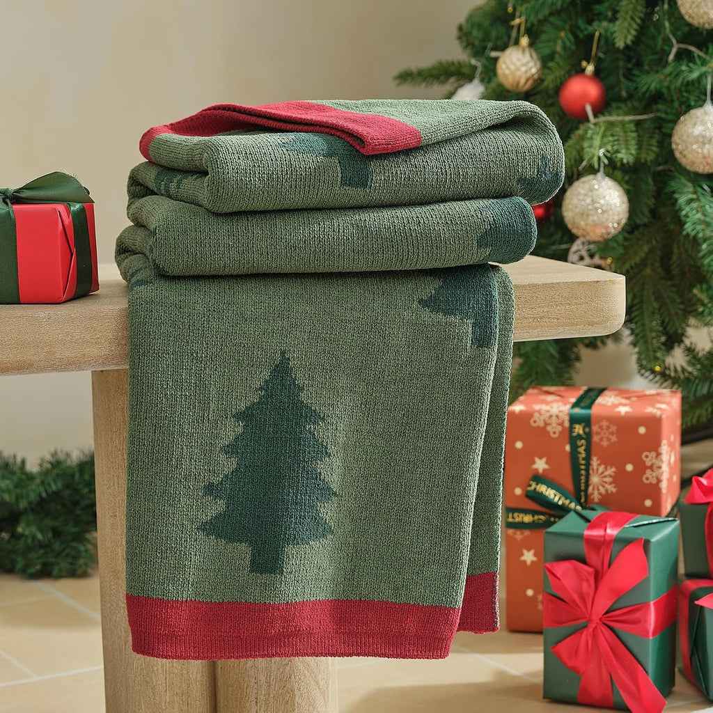 Christmas Knit Throw for Couch, Reversible Soft Cozy Chenille Blanket Decor Gift for Family, 50" x 60", Green
