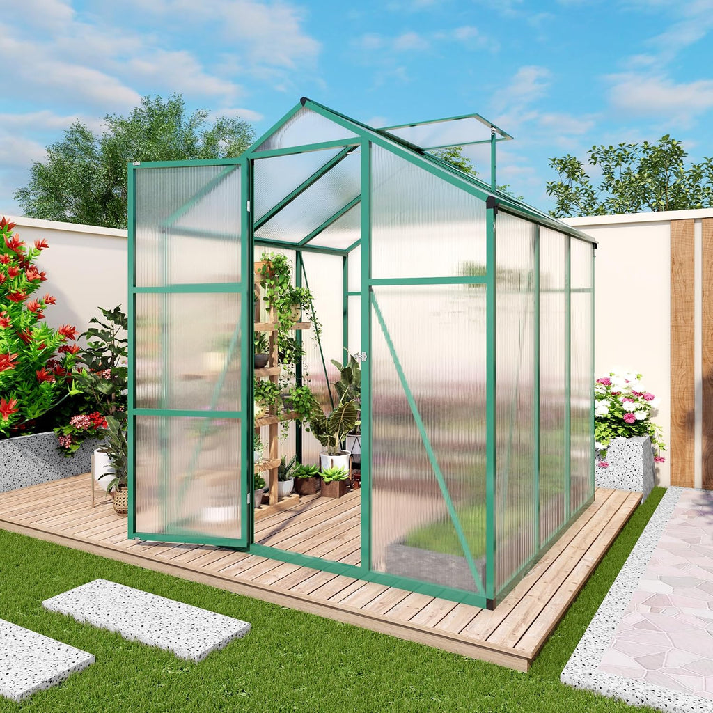 6x10FT Walk-in Polycarbonate Greenhouse Kit, Heavy Duty Aluminum Alloy Frame Green House with Ventilation & Drainage