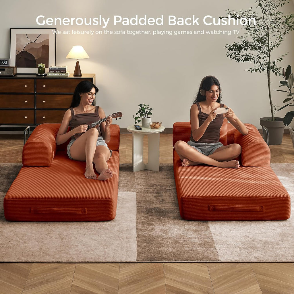 79" Convertible Futon Sofa Bed, Boneless Couch | Orange | Folding Corduroy Boneless Sleeper Sofa, Modular Futon Couch