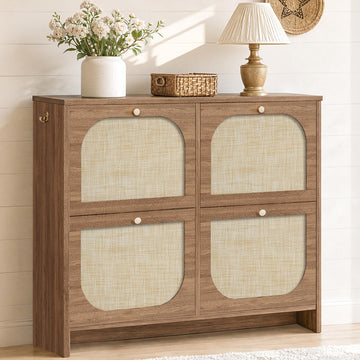 Rattan Shoe Cabinet with 4 Flip Drawers, 9.5" Narrow Shoe Rack, Boho Slim Shoe Storage Organizer with Adjustable