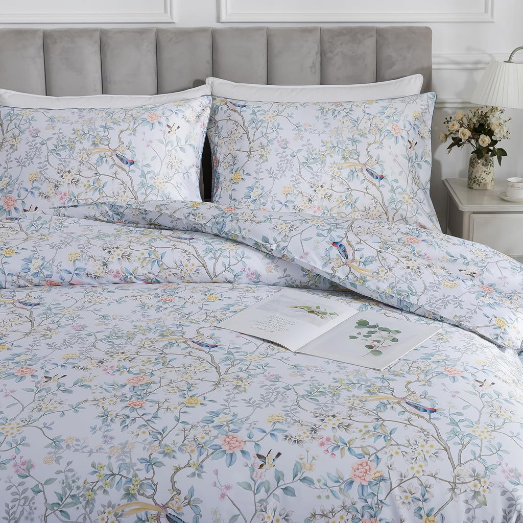Vintage Botanical Rose Floral Bedding Set 3Pcs Queen Duvet Cover Set 100% Long Staple Cotton Soft Bird Branch Print