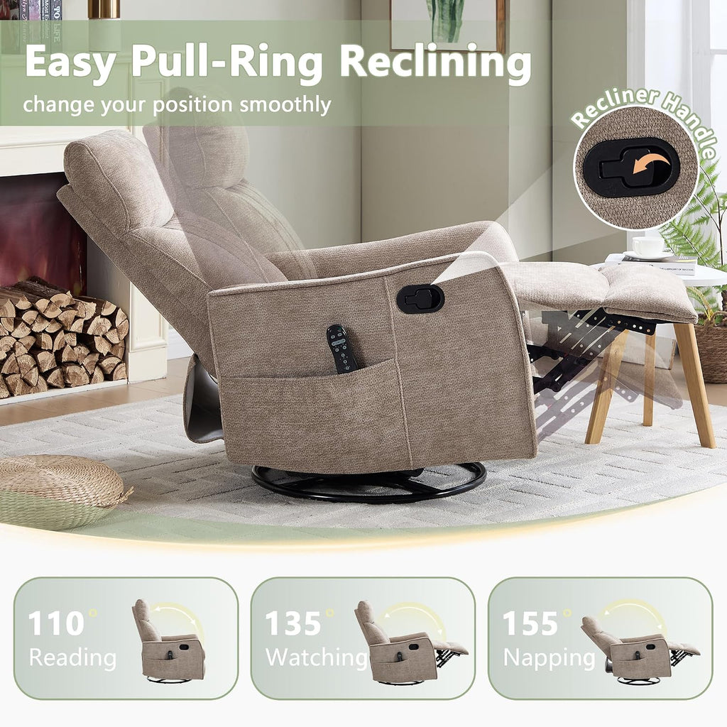 Swivel Rocker Recliner, Glider Rocker Recliner Chair, Manual Reclining Chair with Heated Massage, Small Spaces