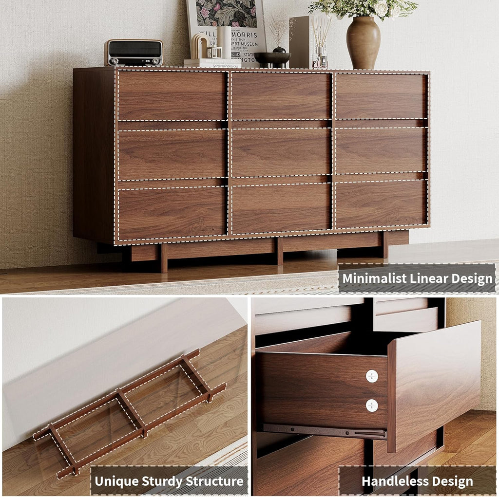 Walnut Dresser , 59" Wide 9 Drawer Dresser, Mid Century Modern Dressers Chest of Drawers, Wooden Large Dressers