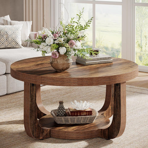 Round Coffee Table, 2-Tier Circle Coffee Table with Storage, Modern Wooden Accent Center Table, Thick Tabletop & Base