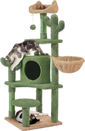 54in Green Cactus Cat Tree with Sturdy Multi-Level Platforms