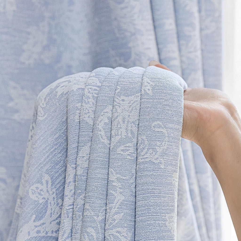 Blue Floral Jacquard Blackout Curtains 96 Inches Long, Scroll Flower Chenille Farmhouse Curtains for Living Room