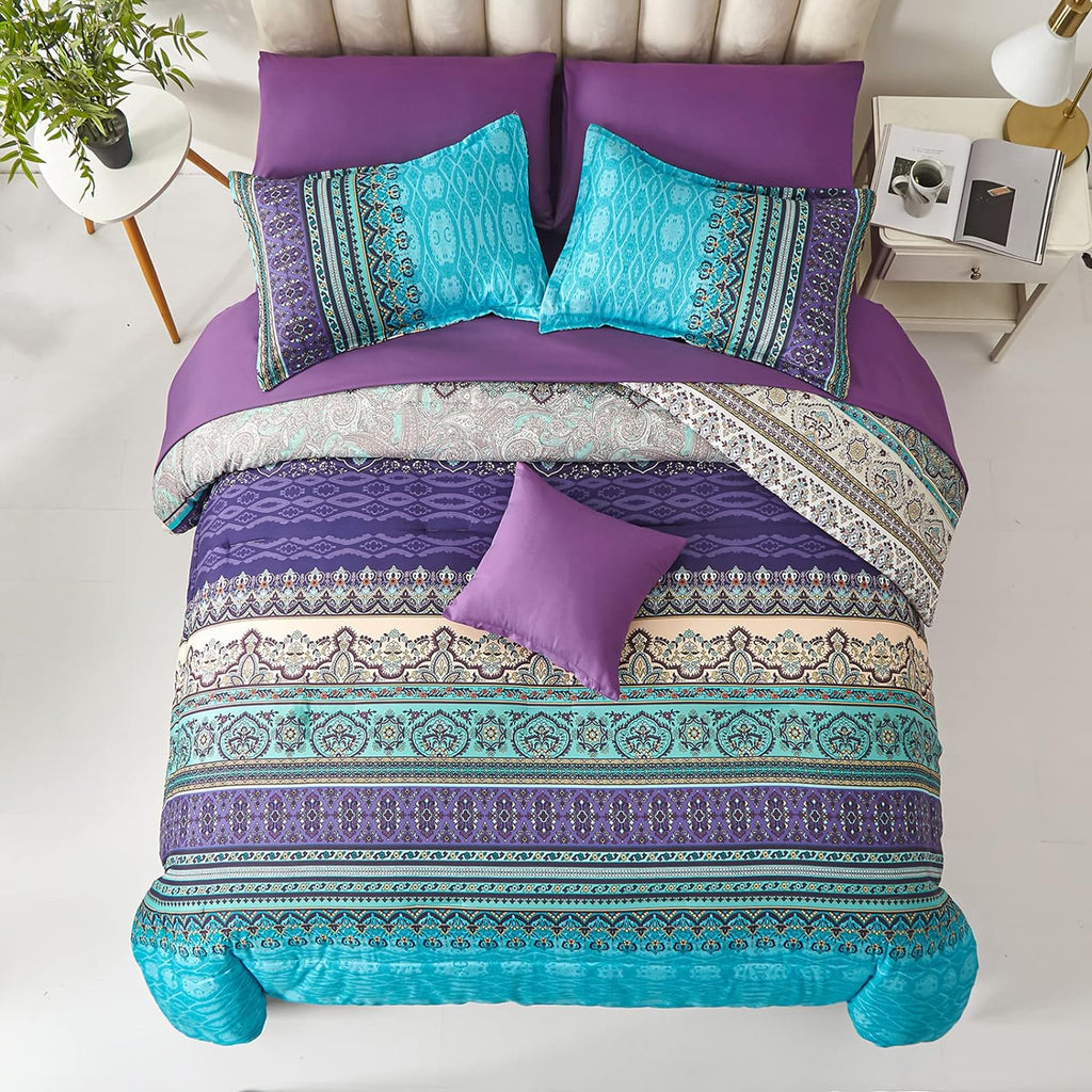 Cottolester Boho Comforter Set Queen 8 Piece Bed in a Bag Bohemian Striped Bedding Quilt Set Aqua Paisley Floral