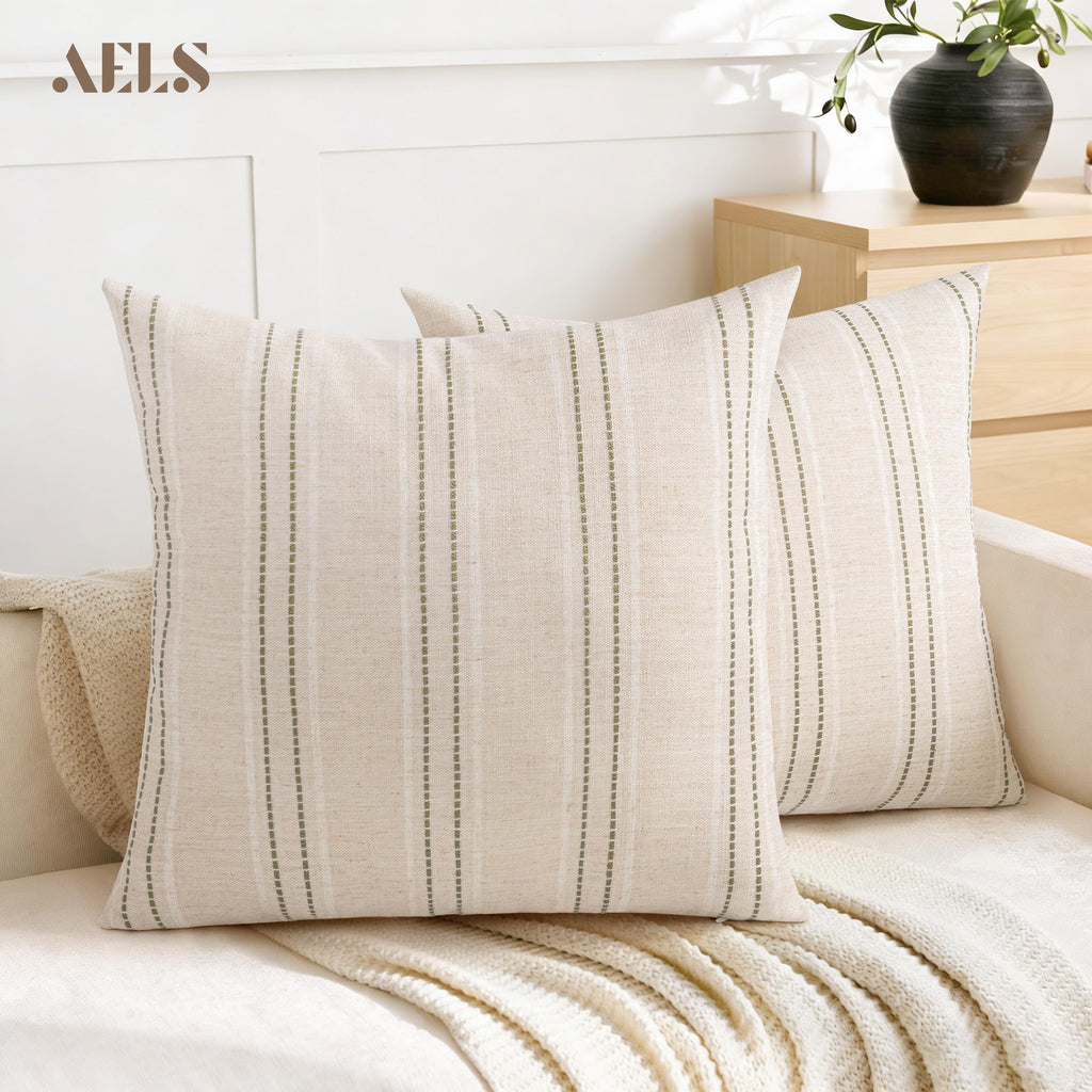 24x24 Decorative Farmhouse Linen Throw Pillow Covers, Boho Textured Pillow Case, Set of 2, Beige with White & Navy