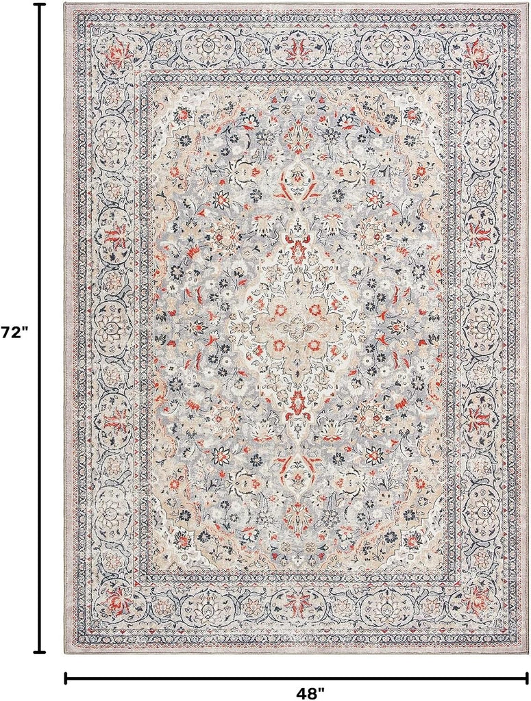 Washable Rug 4x6, Beige Area Rugs Non Slip, Indoor Low Pile Carpet with Rubber Backing Kitchen Bathroom Entryway
