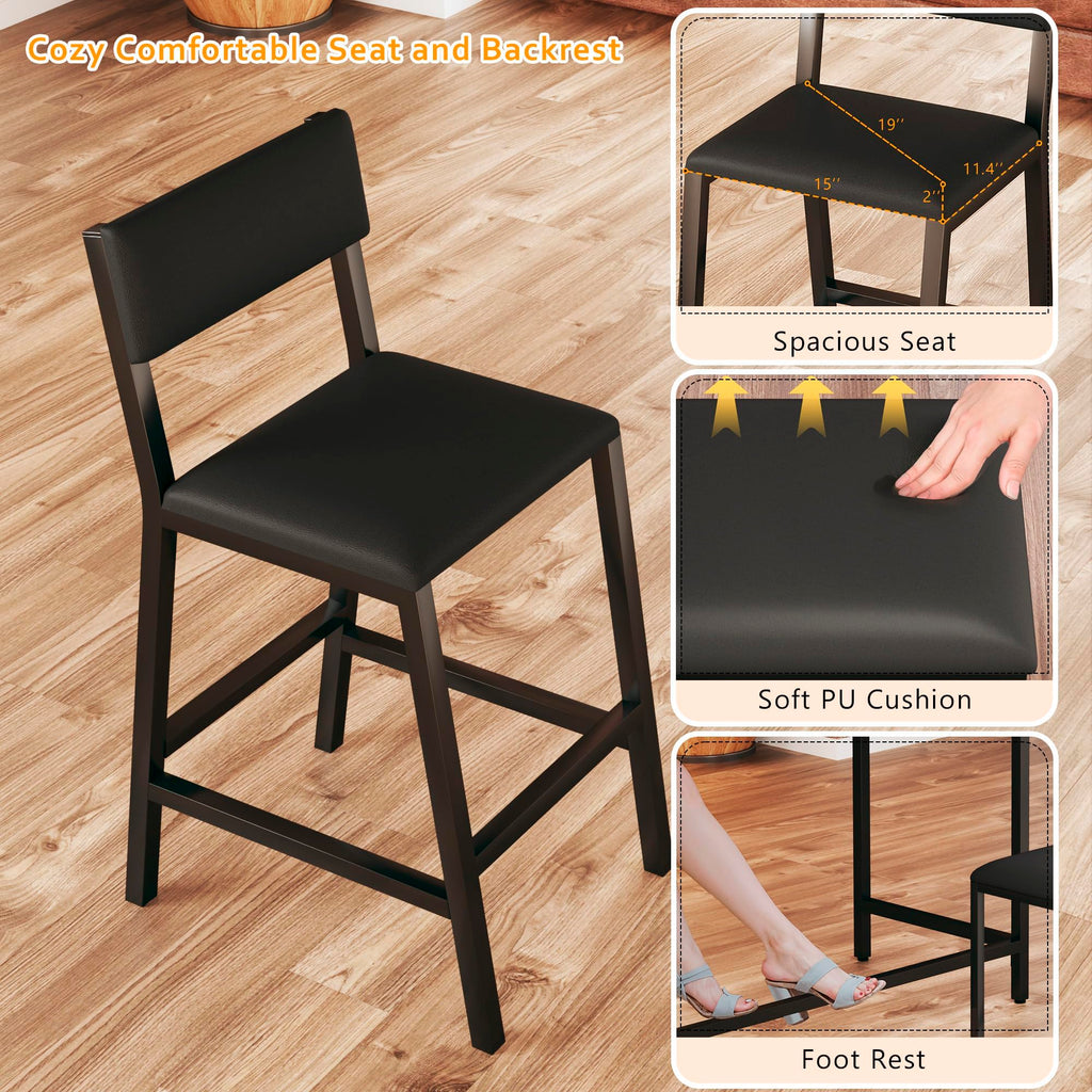 Bar Table and Chairs Set, 3 Piece Convertible L-Shaped Kitchen Table with 2 PU Leather Bar Stools, 63'' Counter