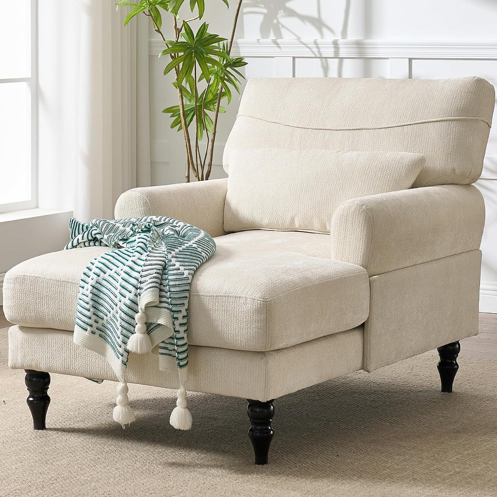 Chaise Lounge Chair Indoor, Leisure Sleeper Sofa w/Cushion, White | Modern Accent Upholstered Reading Side Armchair