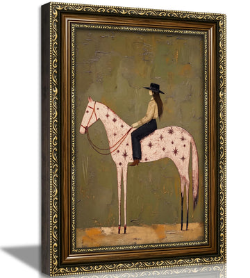 Abstract Western Cowboy Wall Art, Vintage Gold Frame Horse Rider Wall Decor