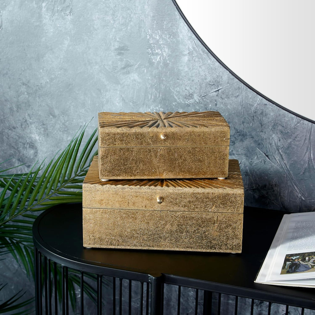 Wood Geometric Decorative Box Decorative Keepsake Boxes with Hinged Lid Storage Boxes 10", 8"W, Gold - Set of 2
