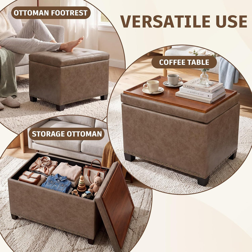 22" Storage Ottoman Coffee Table with Flip Top Tray, Tufted Faux Leather Footrest Stool with Nailhead Trim, Large