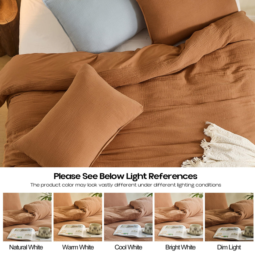 Muslin Duvet Cover Set, 3Pcs Rust Linen Cotton 3-Layer Gauze Minimalist Comforter Cover 104"x92", Ultra