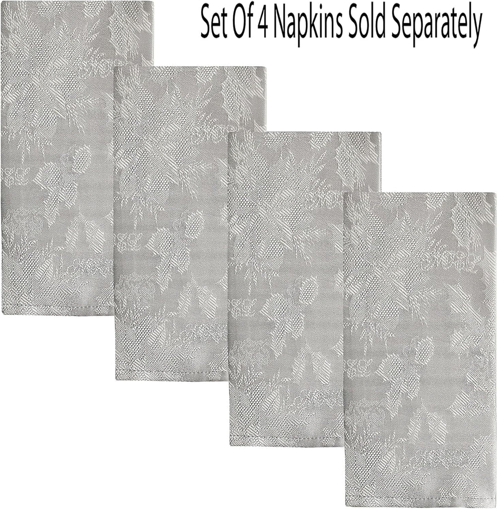 Christmas Carol Holiday Noel Damask Fabric Tablecloth, 60 x 84 Inch Oval, Grey, Holly Leaf Poinsetti