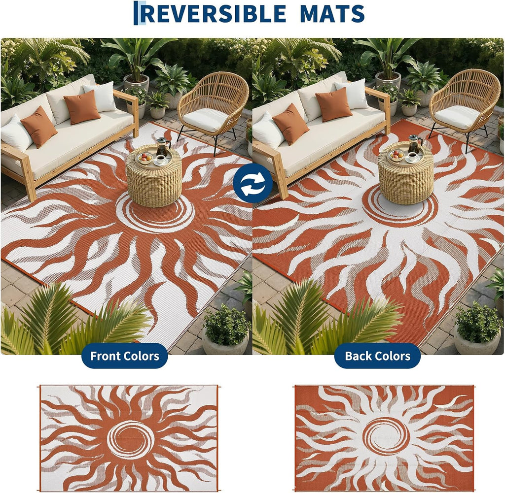 Outdoor Rug 9x12 Waterproof Patio Rugs with Boho Sun Pattern, Reversible Plastic Straw Camping Rugs Outdoor Indoor RV