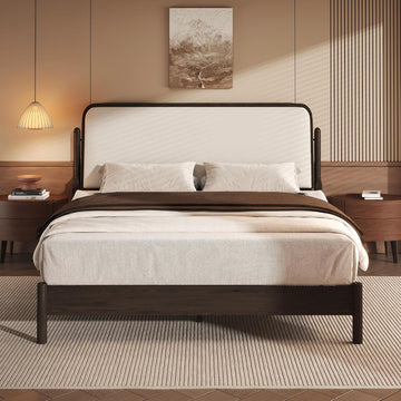 Queen Bed Frame with Upholstered Headboard, Solid Wood Bed Frame Queen with Ergonomic Design Headboard, Wood Slats