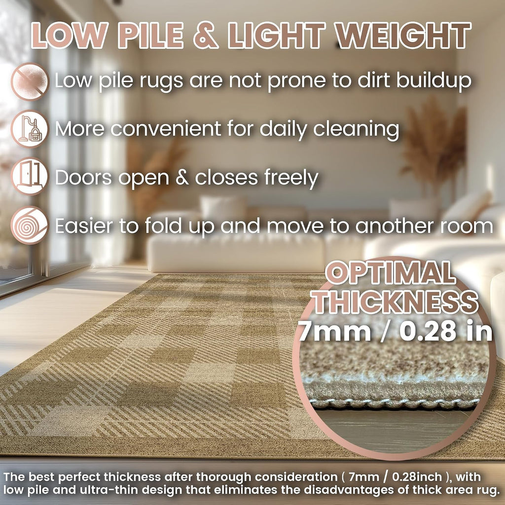 Washable Checkered Rug, Brown Tan Checkerboard Modern Minimalist Large Foldable Area Rug, Ultra-thin Low Pile