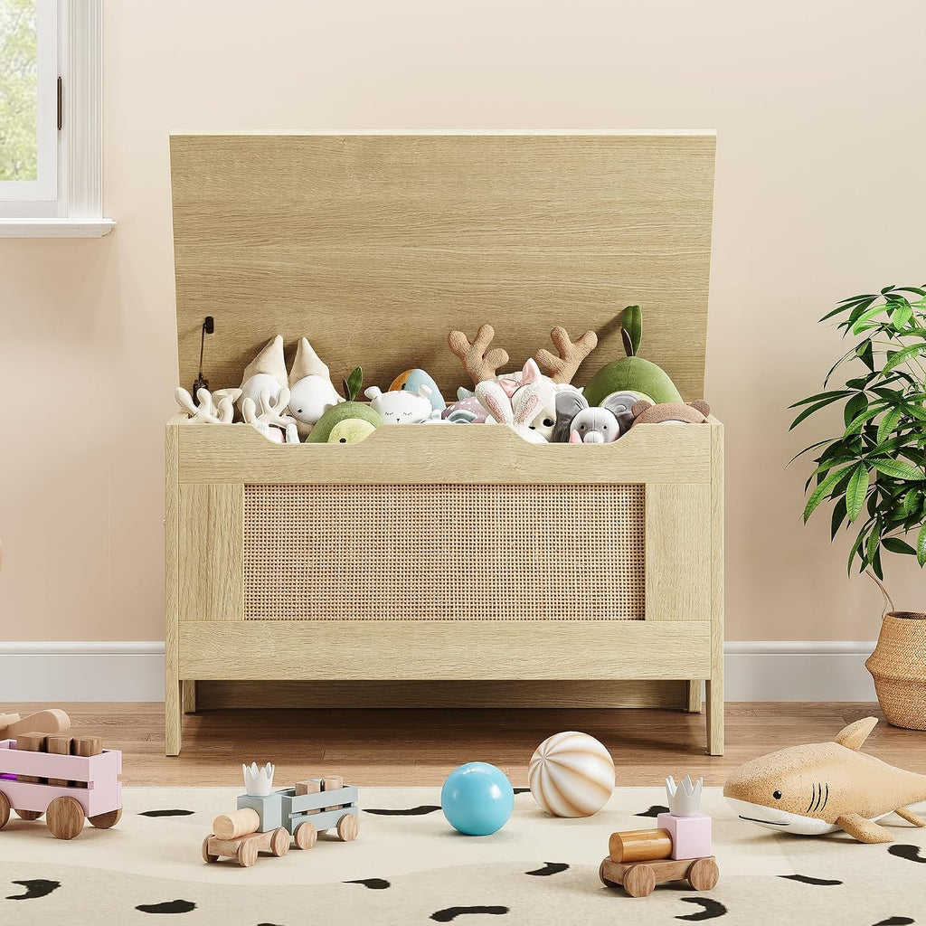 Farmhouse Storage Bench, 30" Wooden Storage Chest, Wood Color | Soft-Close Safety Hinge, Lift-Top Entryway Shoe