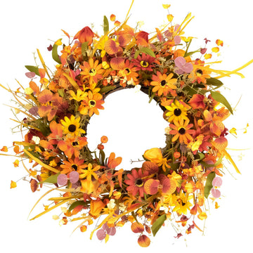 20" Fall Wreaths for Front Door Artificial Fall Wreath Floral Autumn Wreath with Colorful Daisies Orange Foliage for