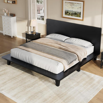 Mid-Century Full Size Wooden Bed Frames, Pine Wood Japanese Low Platform Bed with Brown Headboard, 7 inch Low Under