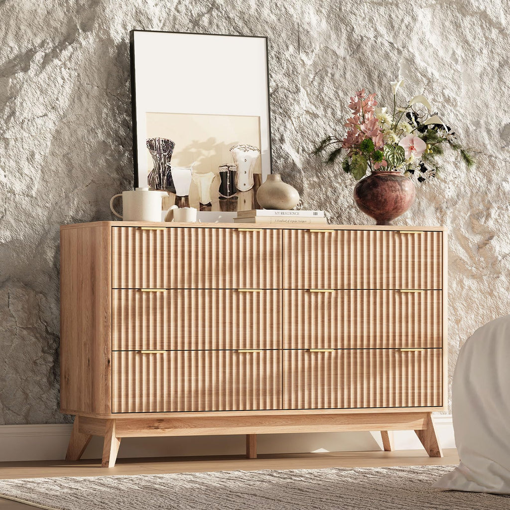 47" Wide Fluted 6 Drawers Dresser, Curved Edge, Oak