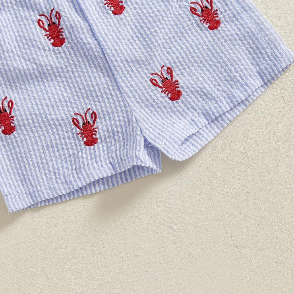 Toddler Baby Boy Summer Clothes Cute Crawfish Outfit Lobster Short Sleeve T-shirt Tops & Stripes/Gingham Shorts Set