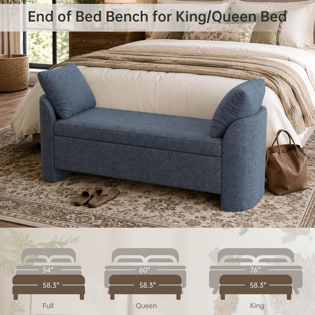 58.3" Upholstered Storage Ottoman Bench with 2 Throw Pillows, Beige | End of Bed Bench with Curved Arms and Thickened