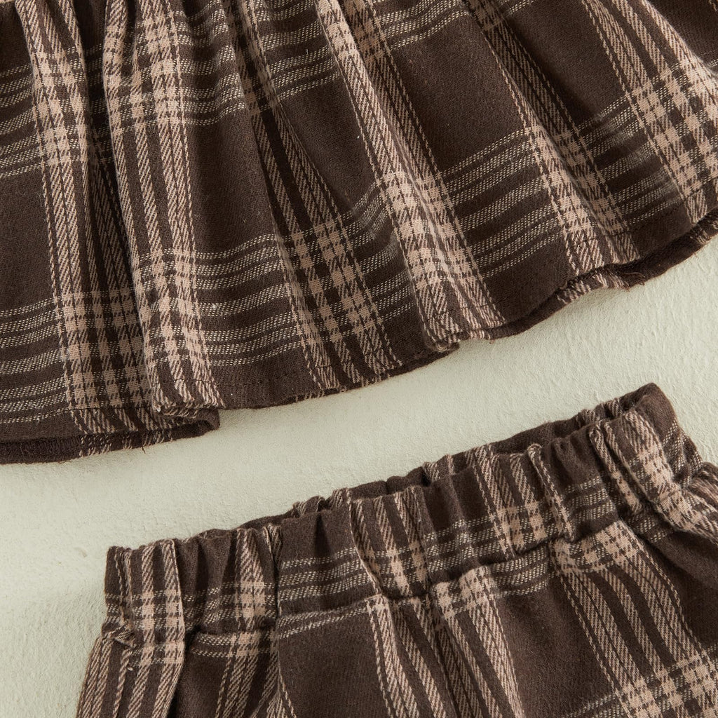 Baby Girl Peter Pan Collar Outfit Gingham Top Pants Set Fall Winter Clothes (Brown, )