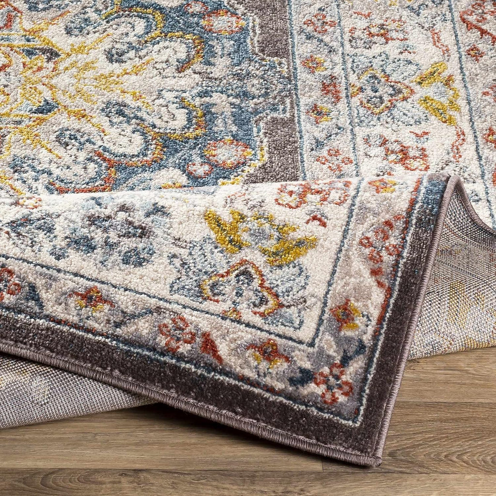 Blue Medallion Traditional Cream Area Rug Taupe Charcoal Gray Navy Haymond Living Room Bedroom Dining Room Home