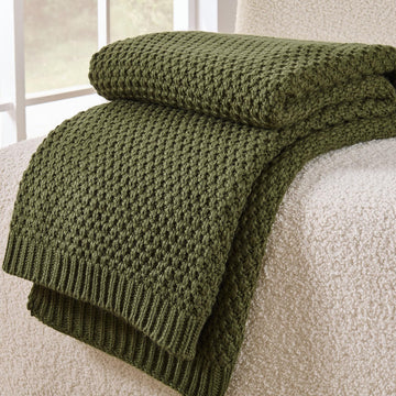 Olive Green Throw Blanket, Moss Knit, 50" x 60", Earthy Olive