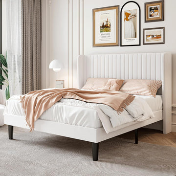 Full Velvet Bed Frame with Vertical Channel Tufted Wingback Headboard, Upholstered Platform Bed with Wood Slats