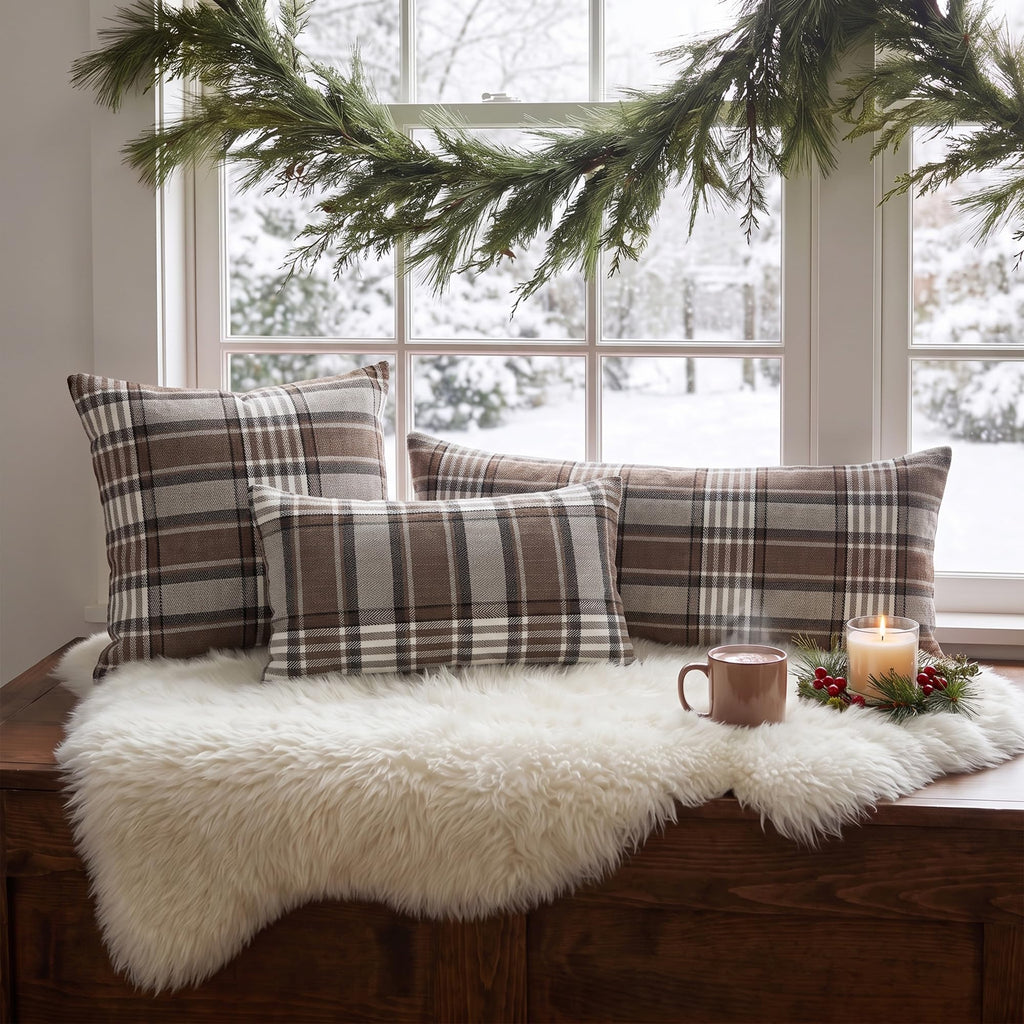 Brown Plaid Euro Pillow Sham Covers 24x24, Large Fall Winter Couch Pillows