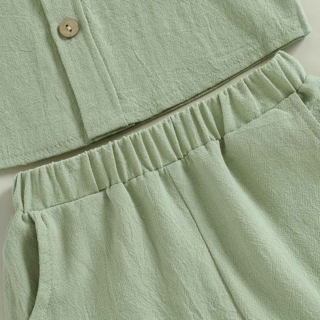 Toddler Baby Boy Linen Outfits Solid Color Short Sleeve Lapel Button Down Shirt and Shorts Summer Clothes Set
