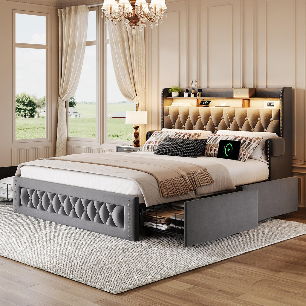 Queen Size Bed Frame with 4 Storage Drawers, Velvet Upholstered Queen Platform Bed with Charging Station and Bookcase